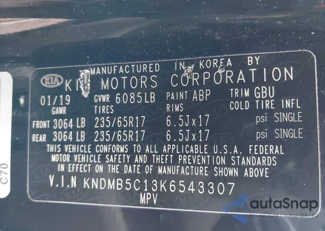 2019 Kia Sedona Lx z USA, uszkodzony, nr VIN KNDMB5C13K6543307